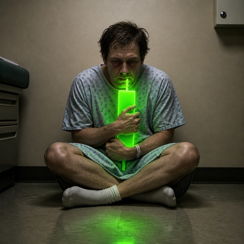 Complete verified original artwork 281: an exhausted patient in an examination room hugging one luminous green candle.