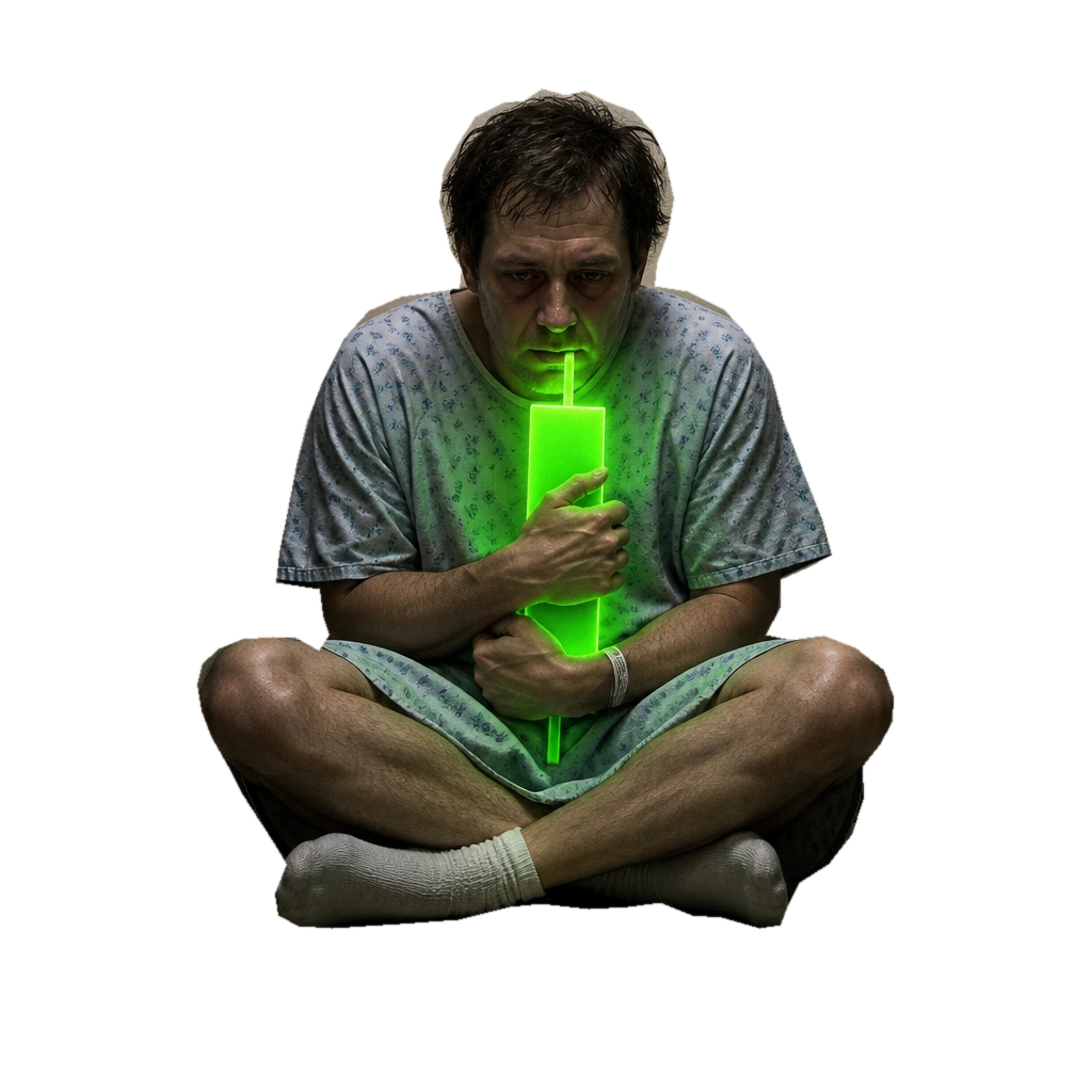 An exhausted, dark-haired patient sits cross-legged in a hospital gown and socks, holding a glowing green chart candle tightly against his chest.